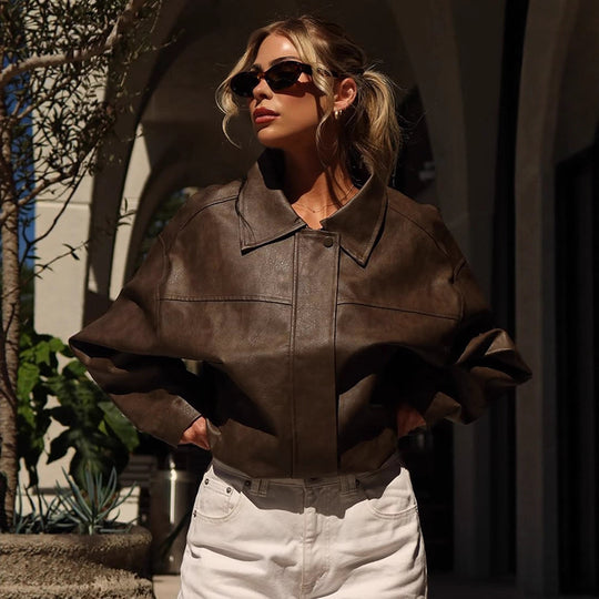 Damen Kunstlederjacke mit lässigem Oversized-Schnitt R&B