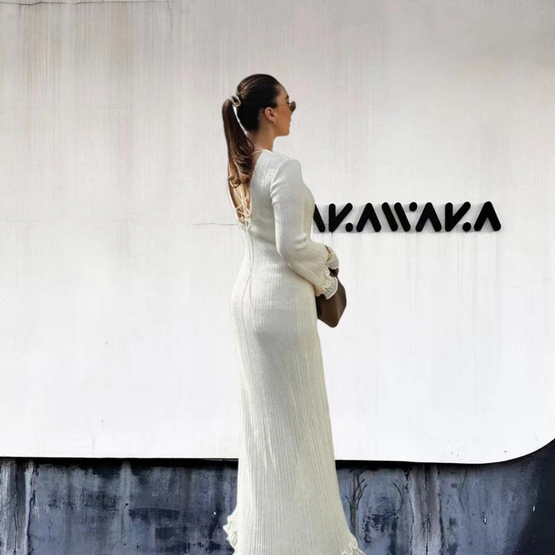 Damen Elegantes Maxikleid mit raffiniertem Rippdesign und fransigen Ärmeln R&B