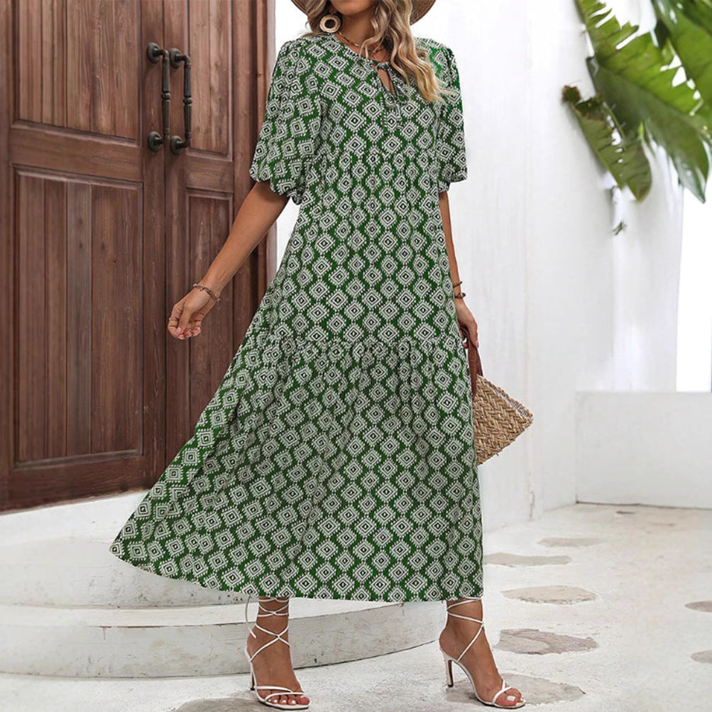 Damen nan luftiges Maxikleid mit geometrischem Ethno-Print, gerafftem Stufenrock und Schlüssel-Ausschnitt R&B