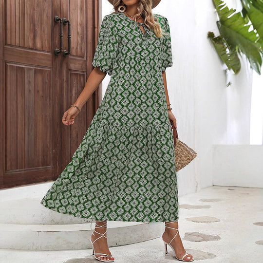 Damen nan luftiges Maxikleid mit geometrischem Ethno-Print, gerafftem Stufenrock und Schlüssel-Ausschnitt R&B