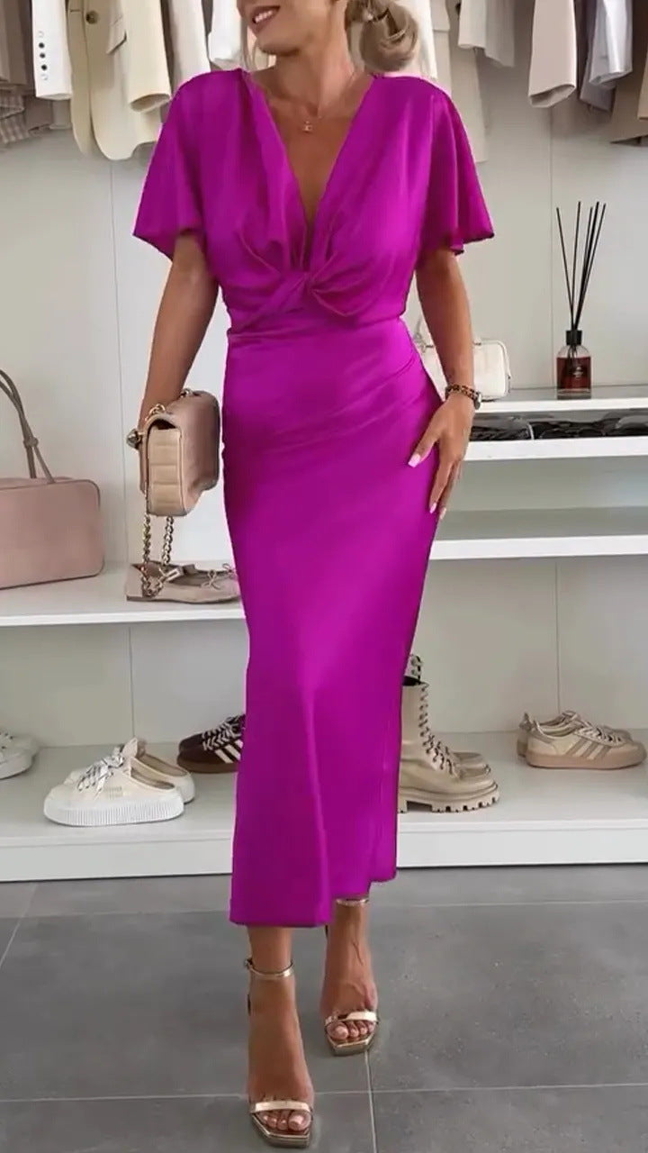 Damen Knielanges Satin-Kleid mit Kreuz-Design R&B