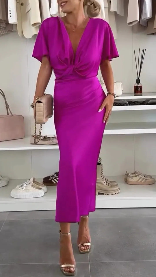 Damen Knielanges Satin-Kleid mit Kreuz-Design R&B