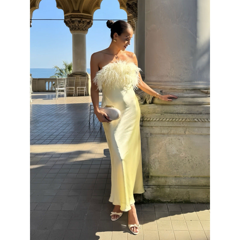 Damen Satin Abendkleid mit Federn R&B