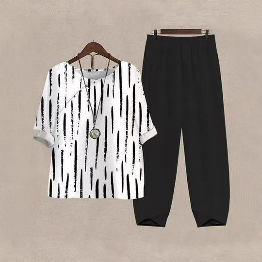 Damen nan legeres Freizeit-Set mit gemustertem Oversize-Shirt und konisch zulaufender Komforthose R&B