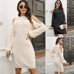 Damen Strickkleid mit Off-Shoulder-Design und langen Puffärmeln R&B