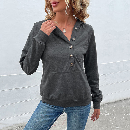 Damen lässiger Kapuzenpullover mit Knopfleiste und Raglanärmeln R&B