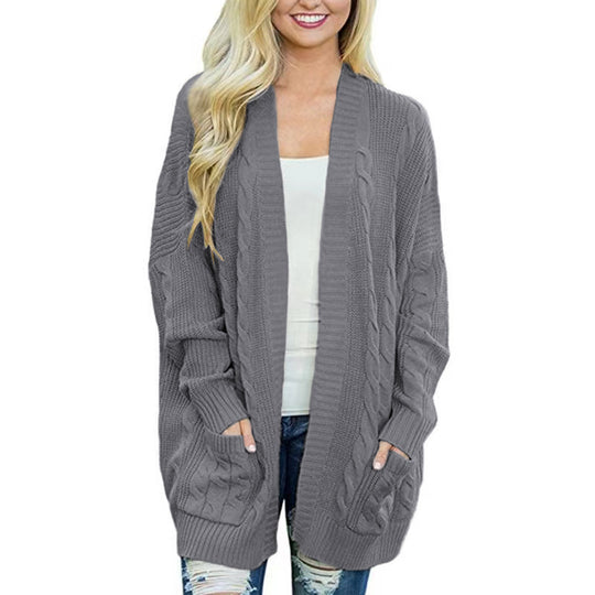 Damen lässige Strickjacke mit Kabelmuster und großzügigen Taschen R&B