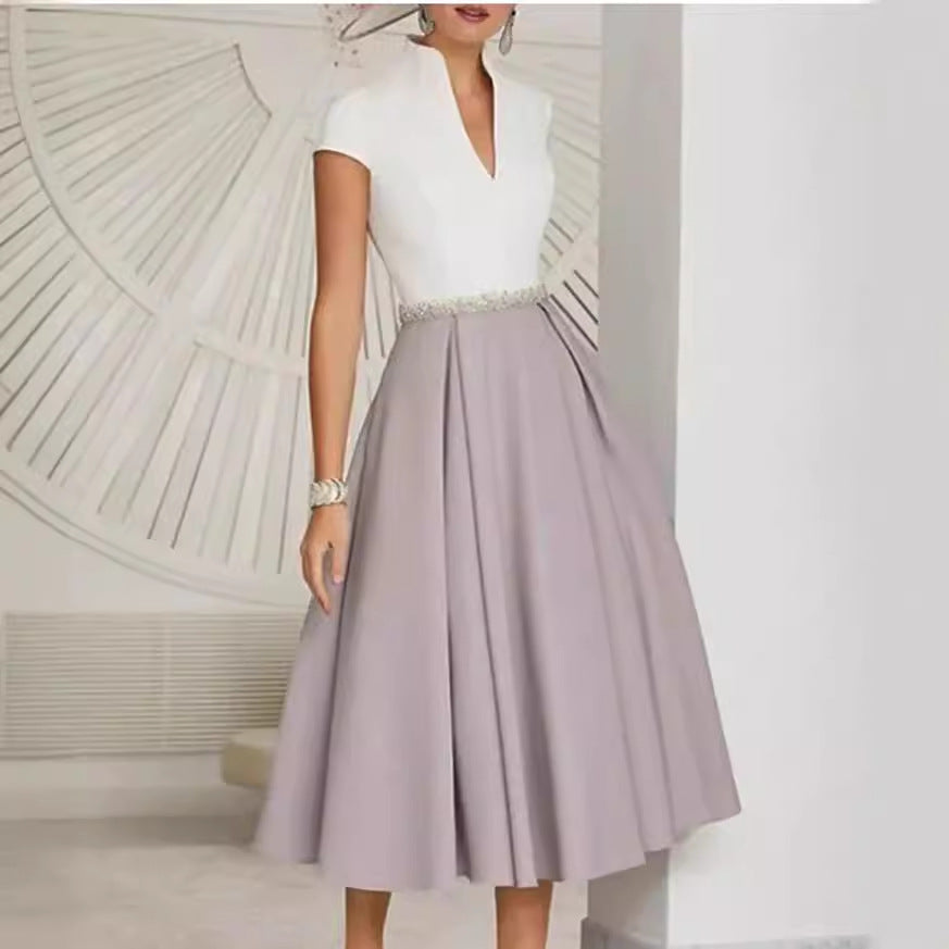 R&B | Weißes Farbblock V-Ausschnitt Ausgestellt Sommerkleid