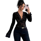Damen nan eng anliegende transparente Mesh-Spitzenbluse mit tiefem V-Ausschnitt und floraler Veloursstruktur R&B