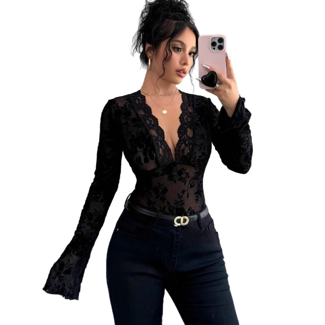 Damen nan eng anliegende transparente Mesh-Spitzenbluse mit tiefem V-Ausschnitt und floraler Veloursstruktur R&B