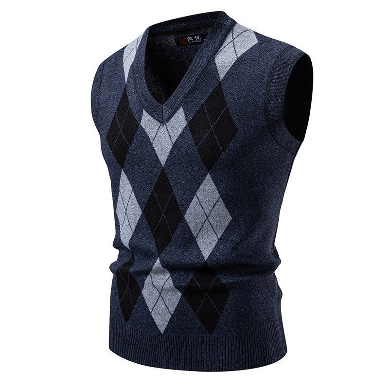 Herren ärmellose Strickweste mit klassischem Rautenmuster R&B