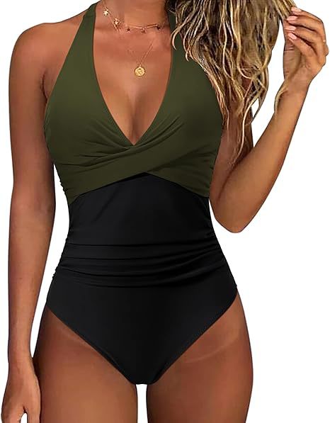 Damen Hochtaillierter Badeanzug mit tiefem V-Ausschnitt und floralem Design R&B