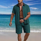 Herren nan modernes Freizeit-Set aus feinem Strukturjersey mit Hemdkragen-Knopfleiste und Kordel-Shorts R&B