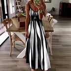 Damen Maxikleid mit raffiniertem Streifenmuster und tiefem V-Ausschnitt R&B