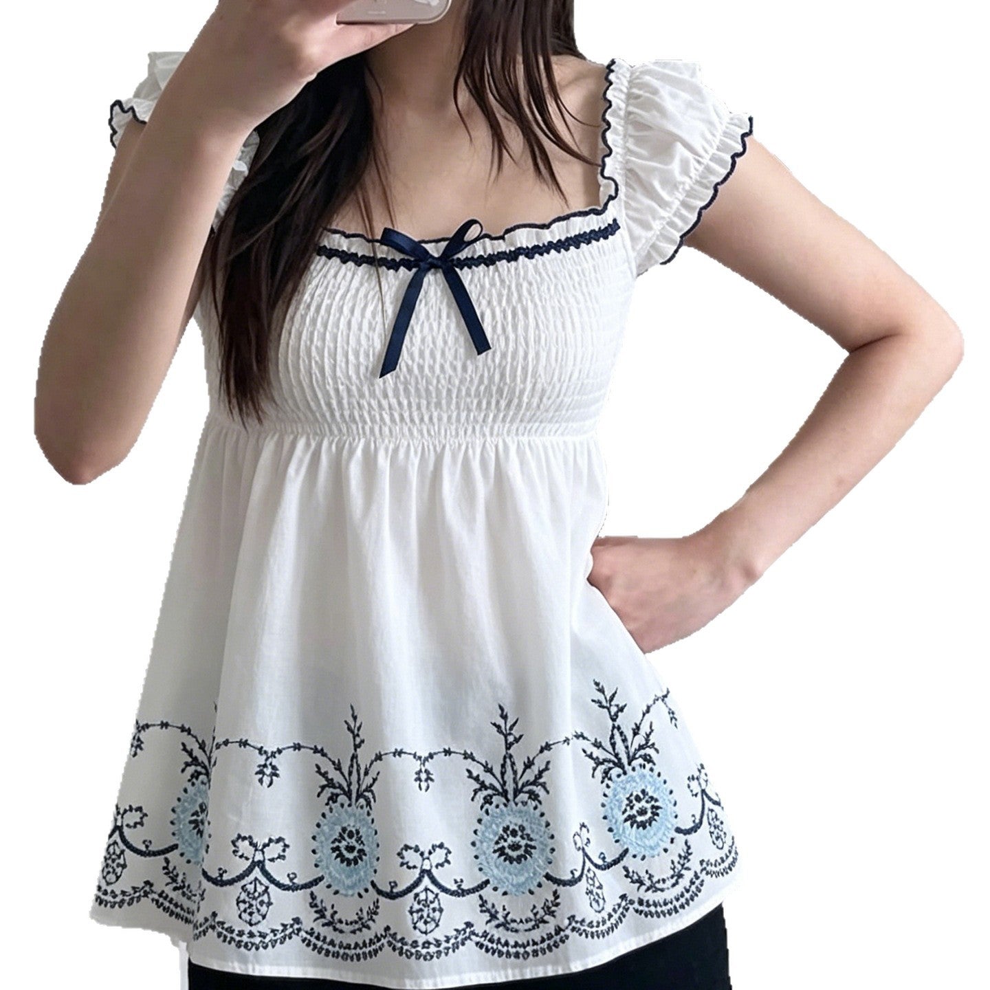 Damen Baumwollbluse mit floralem Stickdesign und schickem Rüschensaum R&B