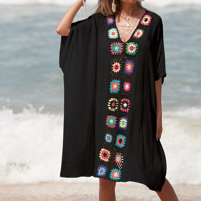 Damen Häkel-Strandtunika im lässigen Oversize-Stil mit bunten Applikationen R&B