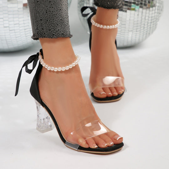 Damen Elegante und modische Sandaletten mit transparentem Riemchen und funkelndem Blockabsatz R&B