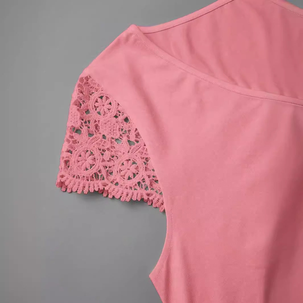 Damen V-Ausschnitt T-Shirt mit Spitzenärmeln R&B