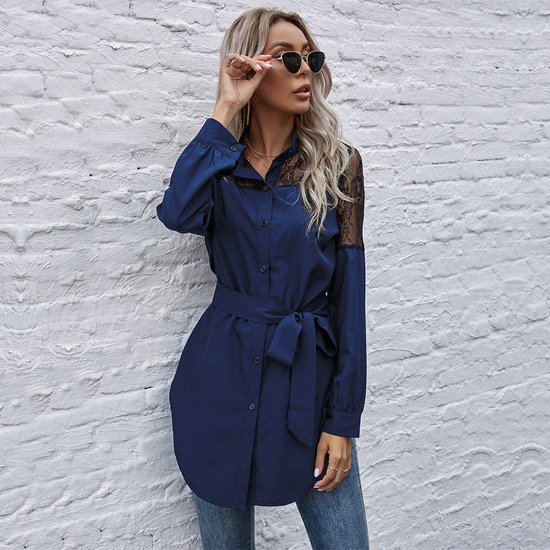 Damen Hemdblusenkleid mit transparenter Spitzenoptik und tailliertem Gürtel R&B