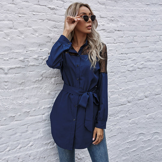 Damen Hemdblusenkleid mit transparenter Spitzenoptik und tailliertem Gürtel R&B