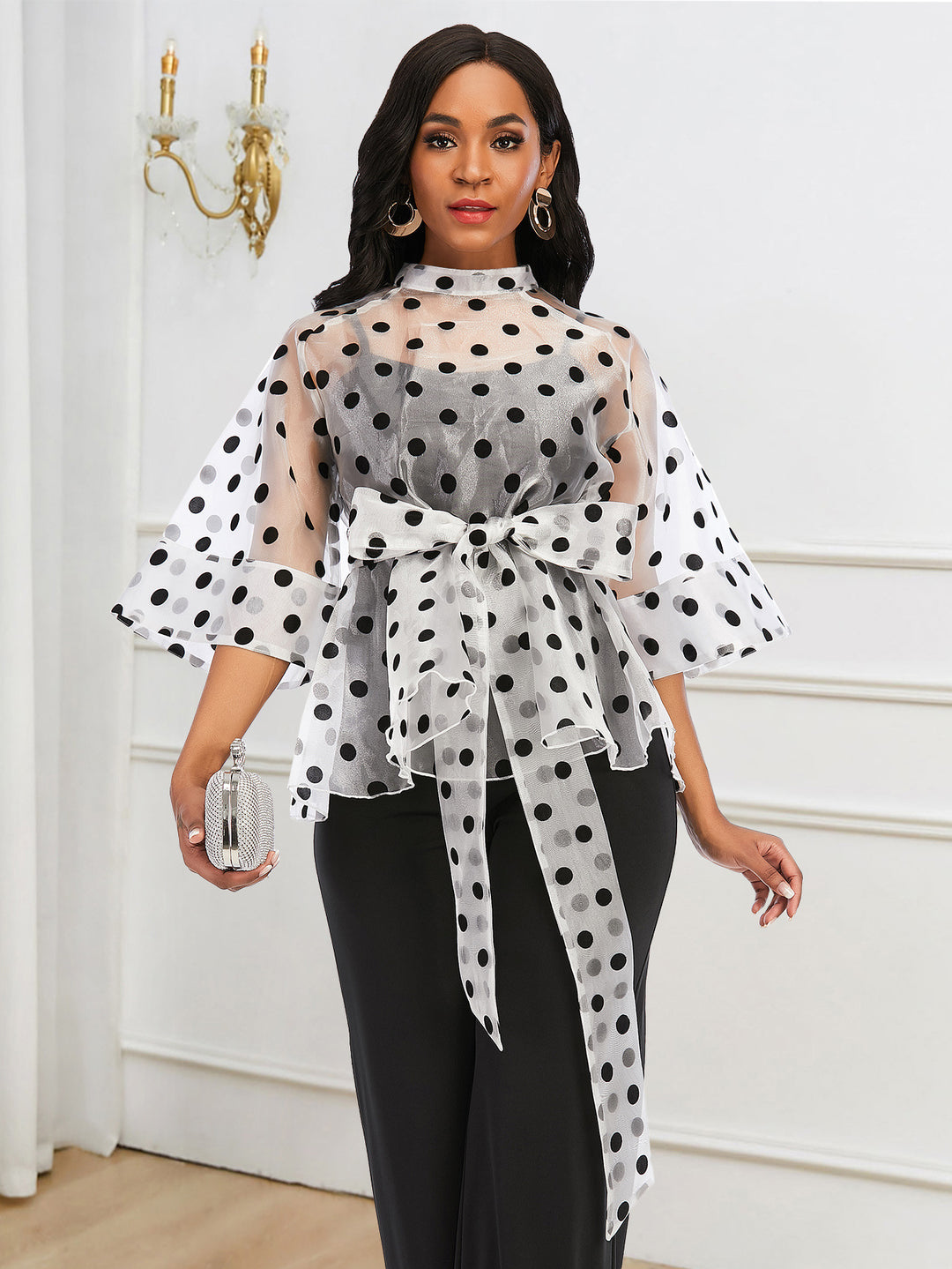 Damen Chiffonbluse mit transparentem Polka-Dots-Design und tailliertem Bindegürtel R&B