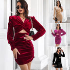 Damen figurbetontes Wickelkleid mit Puffärmeln und raffiniertem Ausschnitt R&B