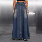 Damen langer Jeansrock mit fransigem Saum R&B
