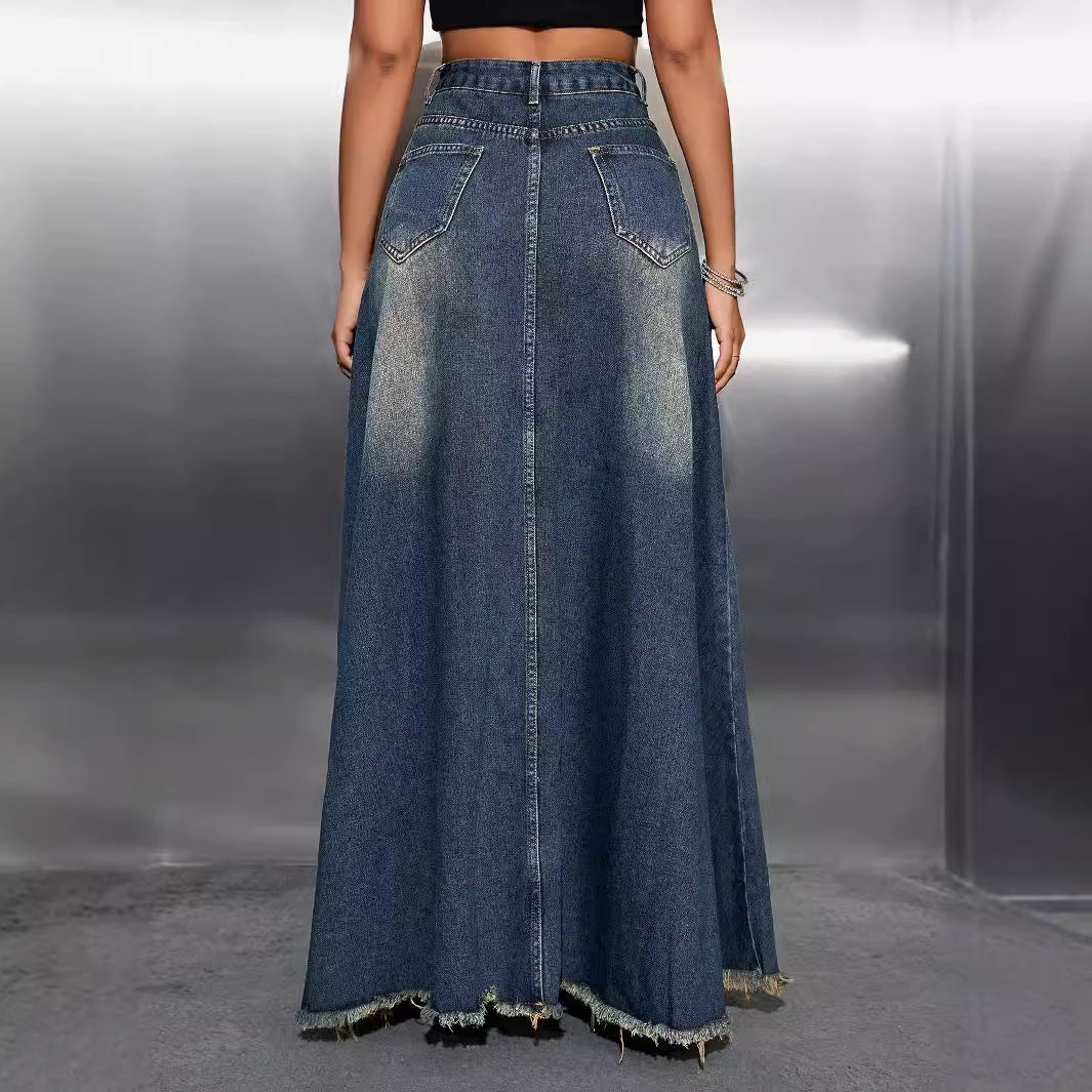 Damen langer Jeansrock mit fransigem Saum R&B