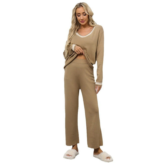 Damen elegantes Strick-Loungewear-Set mit tiefem V-Ausschnitt und breitem Bund R&B