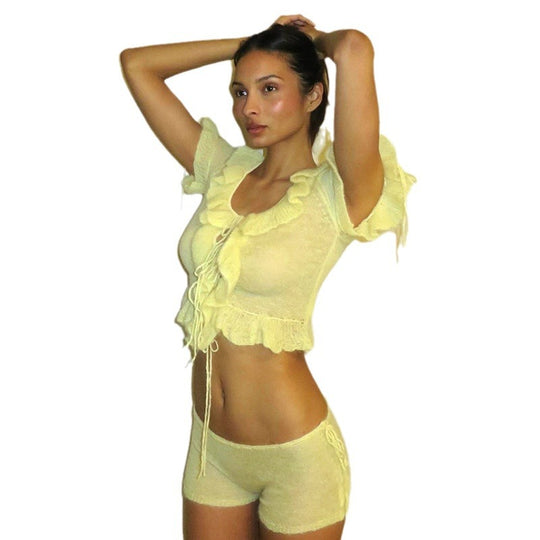 Damen Kurzarm Spitze Top mit Rüschen R&B