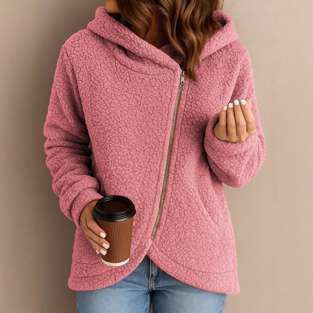 Damen Flauschige Kapuzenjacke mit asymmetrischem Reißverschluss R&B