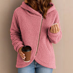 Damen Flauschige Kapuzenjacke mit asymmetrischem Reißverschluss R&B