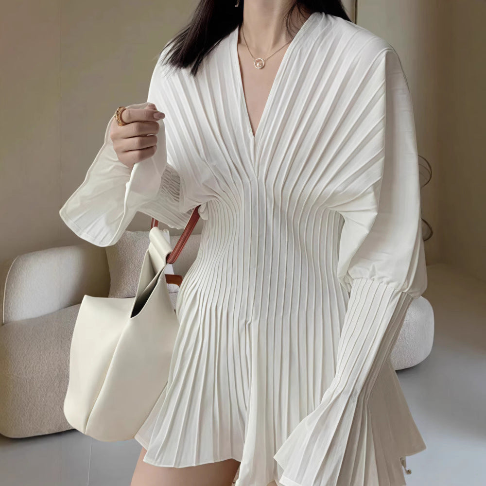 Damen Plissiertes Kleid mit tiefem V-Ausschnitt und weitem Ärmel R&B