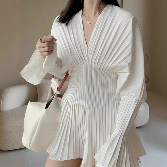 Damen Plissiertes Kleid mit tiefem V-Ausschnitt und weitem Ärmel R&B