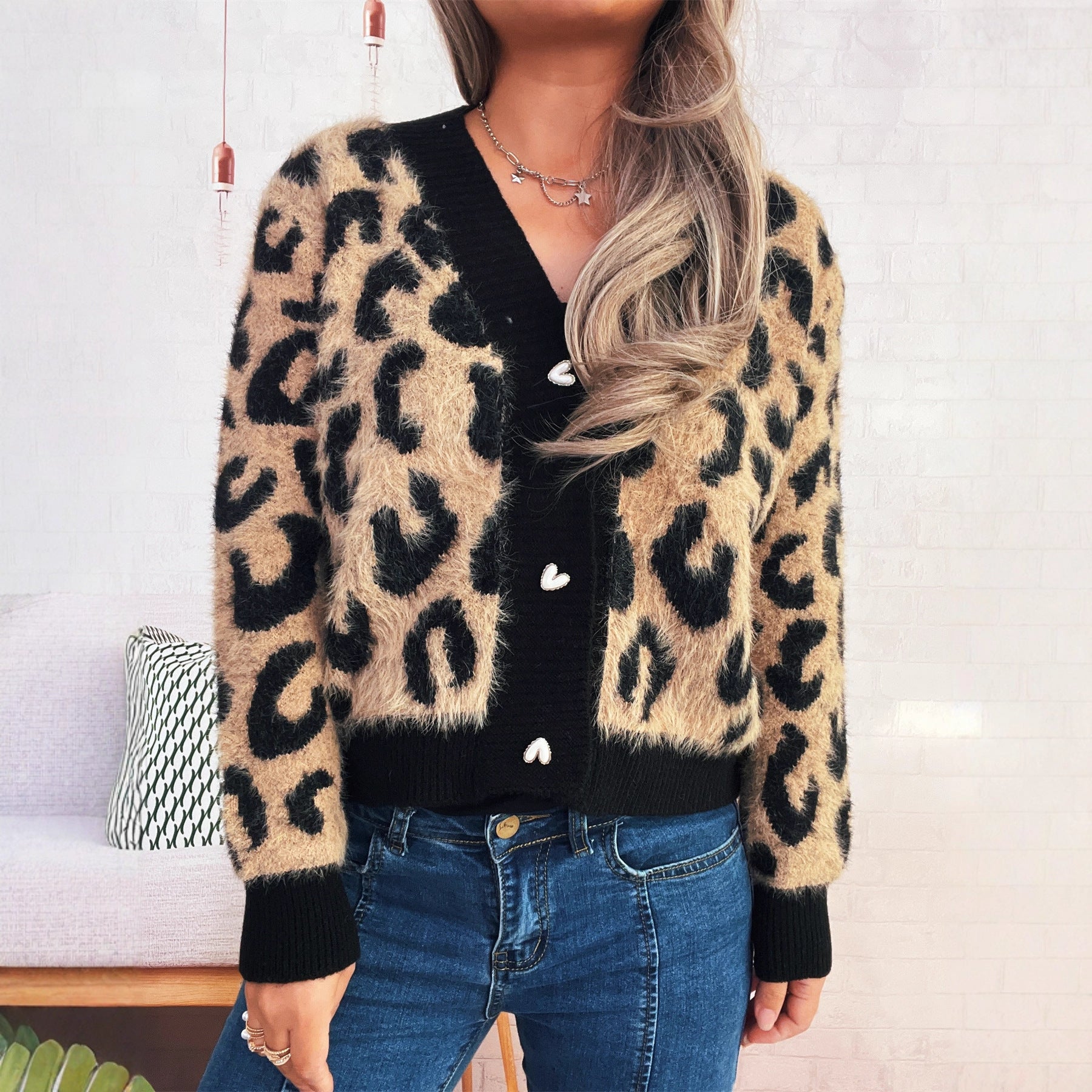 Damen oversized Strickjacke mit tierischem Leopardenmuster und knöpfbarem Design R&B