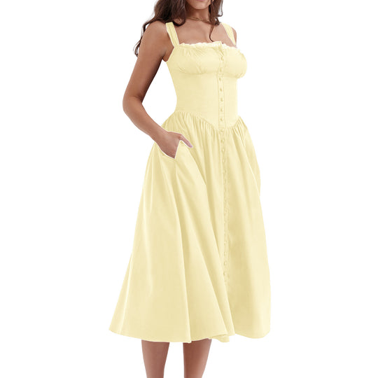 Damen Maxi-Kleid mit knöpfbarem Oberteil und schwingendem Rock R&B