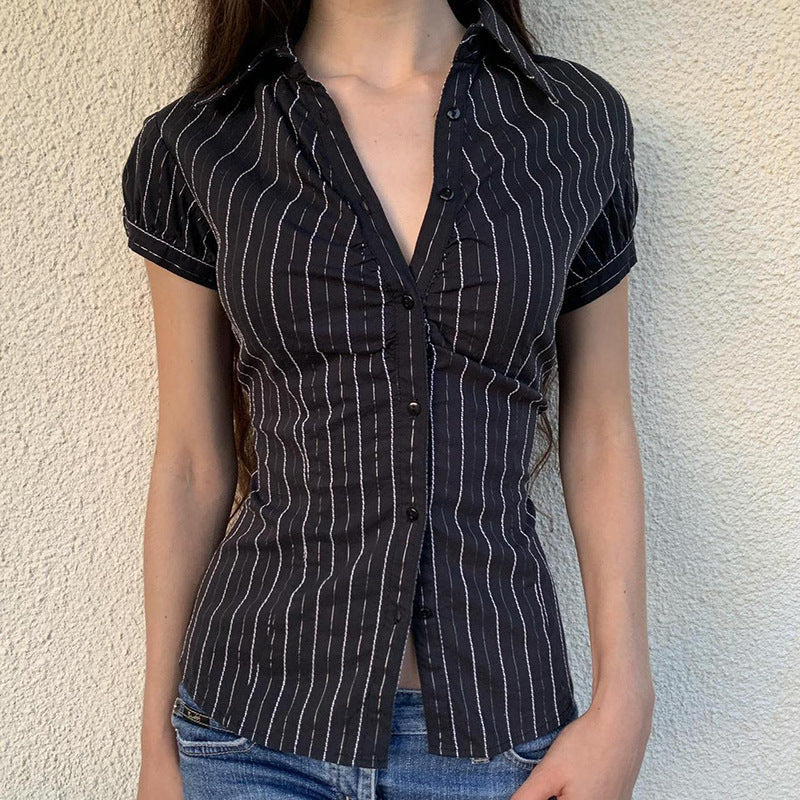Damen taillierte Kurzarmbluse mit Streifenmuster R&B
