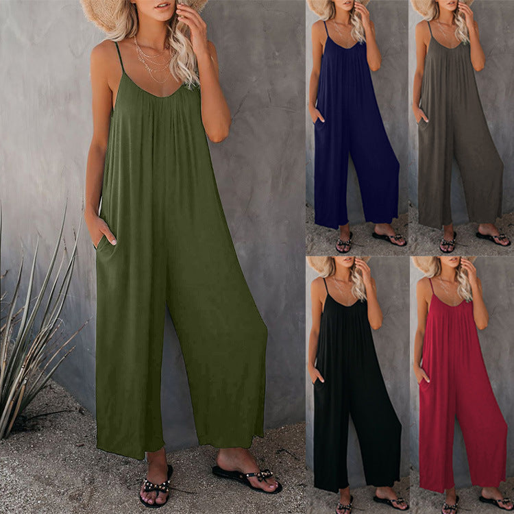 Damen Lässiger Sommer-Jumpsuit mit tiefem Ausschnitt und praktischen Taschen R&B
