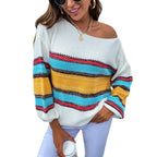 Damen lässiger Strickpullover mit weitem Ausschnitt und einzigartigem Streifenmuster