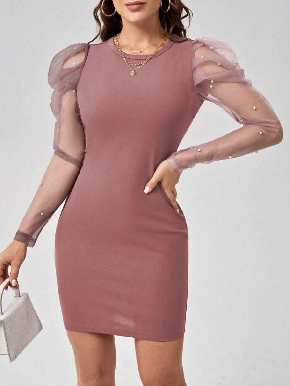 Damen Minikleid mit Tüllärmeln und Perlendetails