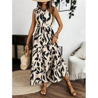 Damen Maxi-Kleid mit maskulinem Blätterdruck und tailliertem Gürtel R&B