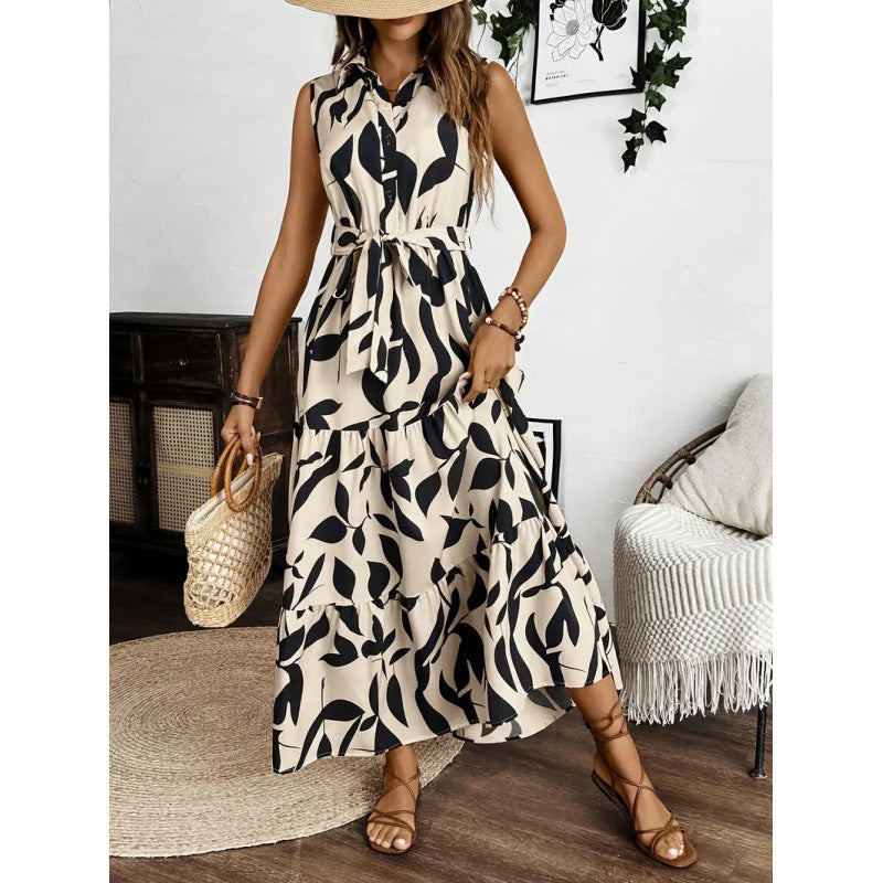 Damen Maxi-Kleid mit maskulinem Blätterdruck und tailliertem Gürtel R&B