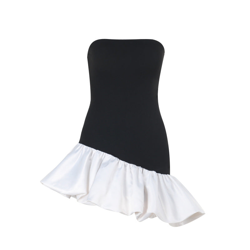 Damen schulterfreies Wickelkleid mit asymmetrischem Saum und farblich kontrastierender Rüsche R&B