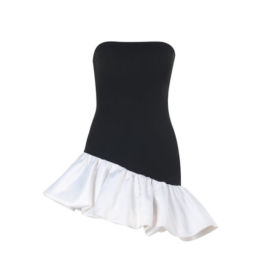 Damen schulterfreies Wickelkleid mit asymmetrischem Saum und farblich kontrastierender Rüsche R&B