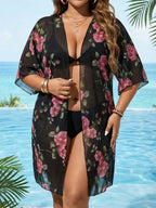 Damen transparenter Strandüberwurf mit floralen Mustern R&B