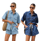Damen lässige Kurzarm-Jeansbluse mit passender Shorts R&B