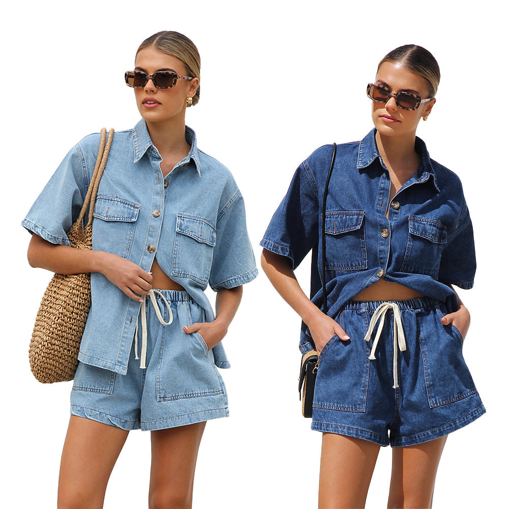 Damen lässige Kurzarm-Jeansbluse mit passender Shorts R&B