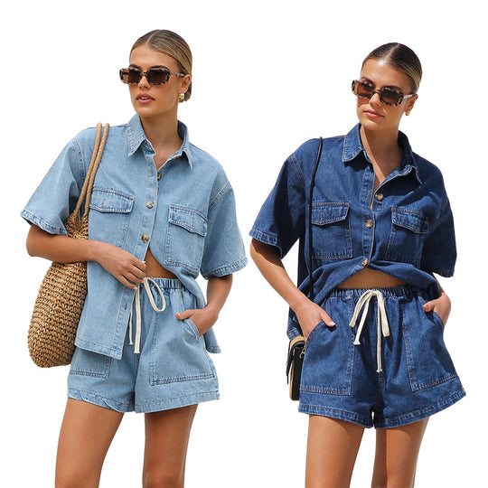 Damen lässige Kurzarm-Jeansbluse mit passender Shorts R&B
