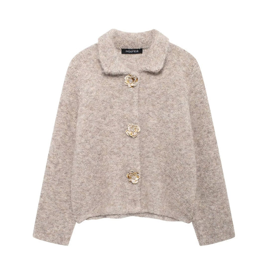 Damen elegante Wolljacke mit dekorativen Blütenknöpfen R&B