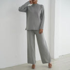 Damen elegantes und lässiges Strick-Loungewear-Set mit hohem Kragen und weiten Beinen R&B